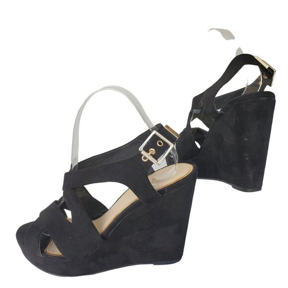 Bershka Black Suede Leather Sandals Wedge Platform Women Shoe Size US 7.5  EU 38 - Picture 2 of 10